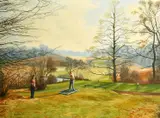 Golf scene, driving off a winter tee by S. Willey, oil on canvas, offered Aug 2022