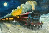 A burgundy steam train under a rising moon by Eric Storr, 1983, oil on canvas, sold Aug 2022