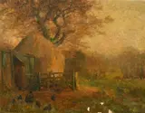 British, A farmyard scene with chickens outside a shed near to a large hayrick by Walter Emsley, 1899, oil on canvas, sold Aug 2022