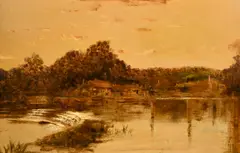 Houses along the water's edge, moored boats near a weir by James Isaiah Lewis, oil on canvas, offered Aug 2022