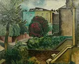 Flowering trees in an urban landscape by Robert Kirkland Jamieson, oil on canvas, offered Aug 2022