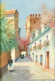 Patio de Banderas, Seville' and Figures in an alley, oils on panel by Enrique Roldán, pencil, offered Aug 2022