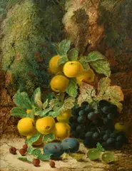 British, A still life of apples, grapes, plums, gooseberries and raspberries by Oliver Clare, oil on canvas, sold Aug 2022