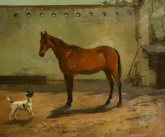 British, A portrait of a horse and Jack Russell in a courtyard by Lionel Birch, oil on canvas, sold Aug 2022