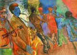 South African, A scene of figures dancing while a jazz band plays by Sandy Esau, mixed media, offered Aug 2022