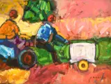 Zimbabwe/South African, A scene of figures on vehicles in an African landscape by Tendai Nahvira, acrylic on board, offered Aug 2022