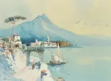 British, Figures and a sailing boat on the edge of a Venetian Lake with mountains beyond by Godwin Bennett, watercolour, sold Aug 2022