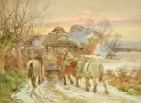 British, A horse and cart with heavy horses being led along a snow covered path towards a barn with the sun setting in the distance by Charles James Adams, watercolour, offered Aug 2022