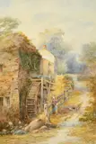 British, A watermill (said to be Berry Pomeroy Mill, Devonshire) with a woman leaning on the fence with chickens nearby by J. Rock Jones, 1895, watercolour, sold Aug 2022