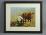 Print - farmer and cow by Anwen Roberts coloured limited edition, print, offered Jun 2017