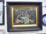 still life oil on canvas, fruit in blue bowl with flowers and ferns, signed bottom right, by E. Chester, oil on canvas, sold Feb 2016