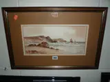 a framed and mounted watercolour depicting shore scene with rocks, boats and birds, by I. Wilton, watercolour, sold Feb 2016