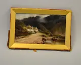 framed oil on panel depicting horned cattle at water before thatched cottages, signed by W P Hollyer, oil on panel, sold Feb 2016