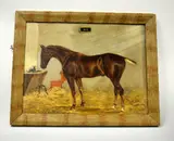 oil on canvas, horse in stable at trough staring at kitten, titled 'Bill', by Fred Fitzpatrick, oil on canvas, sold Feb 2016