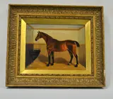 gilt framed oil on panel depicting standing horse in stable, signed bottom left, by Robert Dixon, oil on panel, sold Feb 2016