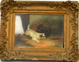 gilt framed oil on canvas, depicting Terriers before basket, signed bottom right, by T. Langlois, oil on canvas, sold Feb 2016
