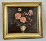 gilt framed oil on canvas, still life of flowers in vase, signed bottom by Mabel B Messer, oil on canvas, sold Feb 2016