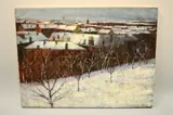 oil on canvas snowscape with trees before buildings, signed and dated 85 bottom right, by J MaCkie, oil on canvas, sold Feb 2016