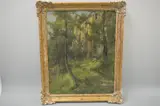 gilt framed oil on canvas, woodland before castle, signed and dated bottom left, by William Westwood, oil on canvas, sold Feb 2016