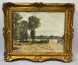 a gilt framed watercolour, depicting country landscape with field and opened gate before woodland by Claude Edward Johnson, 1901, watercolour, sold Feb 2016