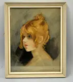 a portrait watercolour, young blonde haired girl with hair up, blue eyes, signed bottom by D. Bee, watercolour, sold Feb 2016