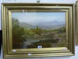 a gilt framed oil on canvas depicting Welsh countryside scene with female in traditional dress hearding sheep over bridge by William Henry Vernon, oil on canvas, sold Jan 2016