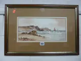 a framed and mounted watercolour depicting shore scene with rocks, boats and birds, by I. Wilton, watercolour, sold Jan 2016