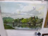an unframed oil on canvas, depicting rowing boats on river with swans, signed and dated by Derick Bown, 1989, oil on canvas, sold Jan 2016