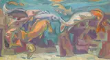 Fish Signed with initials Oil on canvas 51 x 91.5cm ++Unlined, good condition by Hans Fiebusch, Oil on canvas, sold Dec 2015