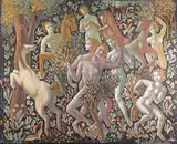 A Bacchanalian scene Signed and dated 1932-1967 Tempera on canvas, unframed, unstretched 145 x 180cm ++A repair, one or two small punctures by Zygmunt Dobrzycki, 1932, Tempera on canvas, unframed, unstretched, sold Dec 2015