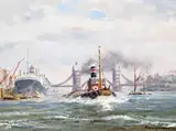 The Pool of London from Cherry Garden Pier in 1950 Signed and dated by Robin Goodwin, 1974, Oil on canvasboard, sold Dec 2015