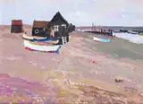 Fishing huts and boats on the shore Signed with initials Oil on board 29 x 39cm ++Good condition by Donald McIntyre, Oil on board, sold Dec 2015