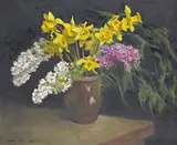 Daffodils and Lilac in a vase Signed and dated 1959 Oil on canvas 51 x 61cm ++Varnish patchy, one or two minor scuffs, good condition by Norman R. Hepple, 1959, Oil on canvas, sold Dec 2015