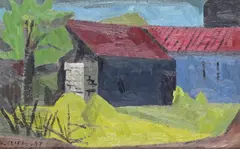 Farm buildings Signed and dated 47 Oil on board 21.5 x 32cm ++Good condition by Henry Cliffe, Oil on board, sold Dec 2015