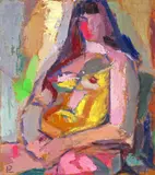 Portrait of a seated figure Signed with initials Oil on board 24 x 26cm ++Good condition by Pamina Liebert Mahrenholtz, Oil on board, sold Dec 2015
