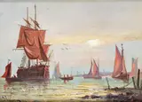 Boats by the shore Signed Oil on panel 23 x 30.5cm by James Christison, Oil on panel, sold Dec 2015