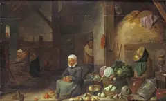 Interior scene with a peasant preparing vegetables Signed Oil on panel 36.5 x 58.5cm; 14¼ x 23in by David Teniers, Oil on panel, sold Dec 2015