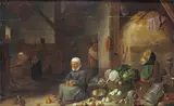 Interior scene with a peasant preparing vegetables Signed Oil on panel 36.5 x 58.5cm; 14¼ x 23in by David Teniers, Oil on panel, sold Dec 2015