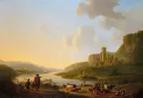 Travellers, herdsmen and cattle in an extensive river landscape with a castle and distant town Signed Oil on panel 58 x 84cm; 22¾ x 33in ++In good condition by Jacob Van Stry, Oil on panel, sold Dec 2015