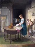 Interior scene with girls washing clothes and a boy playing tricks by C. C. Coventry, 1800, Oil on canvas, in a French Empire giltwood and gesso frame, offered Dec 2015
