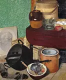Still life of pots and pans with sandals and a bust relief Signed and by Thomas Fowke, 1868, Oil on panel, sold Dec 2015