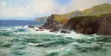 A coastal scene, possibly Tregiffian, Cornwall Signed Oil on canvas 54.5 x 101cm; 21½ x 40in ++Relined, good restored condition by Alfred J. Warne Browne, Oil on canvas, sold Dec 2015