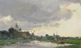 River landscape Signed Oil on board 29 x 48cm; 11½ x 19in by Edmund Aubrey Hunt, Oil on board, offered Dec 2015