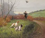 Duck and pheasant shooting A pair, both signed Both oil on canvas Each 38 x 46cm; 15 x 18in ++Both unlined, some bloom to both otherwise good condition by Eugène Petit, oil on canvas, sold Dec 2015