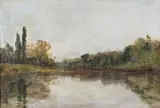 River landscape Signed with initials Oil on canvas laid down on board 25.75 x 37.5cm; 10¼ x 14¾in by Nathaniel Hone, Oil on canvas laid down on board, sold Dec 2015