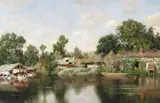 Washerwomen on a river by Claude Francois August (Marquise) Mesgrigny, Oil on canvas, sold Dec 2015