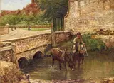 Figure watering his horses by a bridge Signed Oil on canvas 30.5 x 41cm; 12 x 16in ++Unlined, some visible craquelure, some retouching visible under u.v by Florence A. Saltmer, Oil on canvas, sold Dec 2015