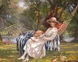 A lady reclining in a hammock by the river Signed Oil by William Kay Blacklock, Oil on board, sold Dec 2015