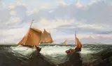 Sailing ships and a paddle steamer off the coast in rough seas Signed Oil on canvas 76 x 127cm; 30 x 50in by George Knight, Oil on canvas, sold Dec 2015
