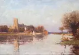 A wooded river landscape, a church beyond Signed and inscribed To my friend Mrs by Arthur George Bell, Oil on panel, sold Dec 2015